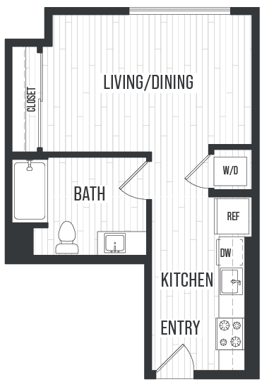 Floor plan SC. Studio floor plan at Sixth & Jackson Apartments in Japantown, San Jose.
